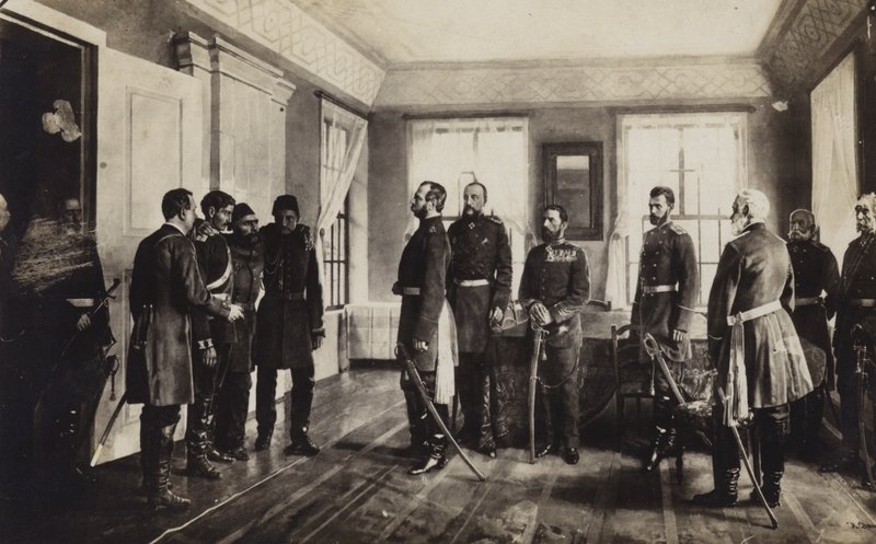 被捕的奥斯曼将军奥斯曼帕夏在1877年至1887年的俄罗斯土耳其战争放弃围困后向俄罗斯沙皇亚历山大二世献祭 作者 尼古拉·德米特里耶维奇·德米特里耶夫·奥伦堡斯基