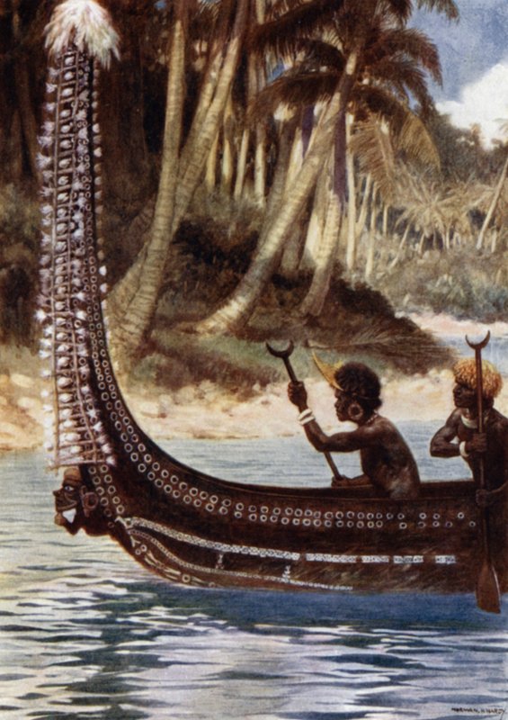 A Canoe showing the "Totoishu," New Georgia, Solomon Islands (colour litho) 作者 诺曼·哈迪