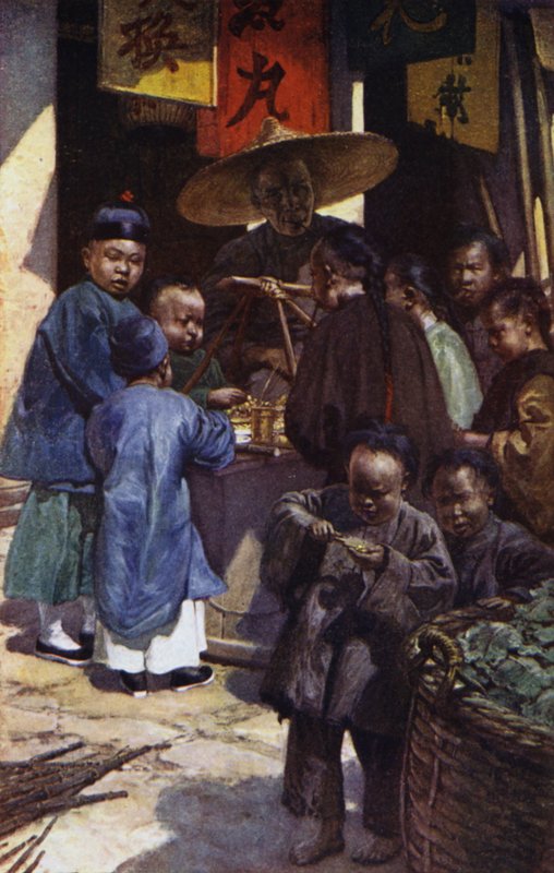 中国：男孩围着甜食摊（彩色石版画） 作者 诺曼·哈迪