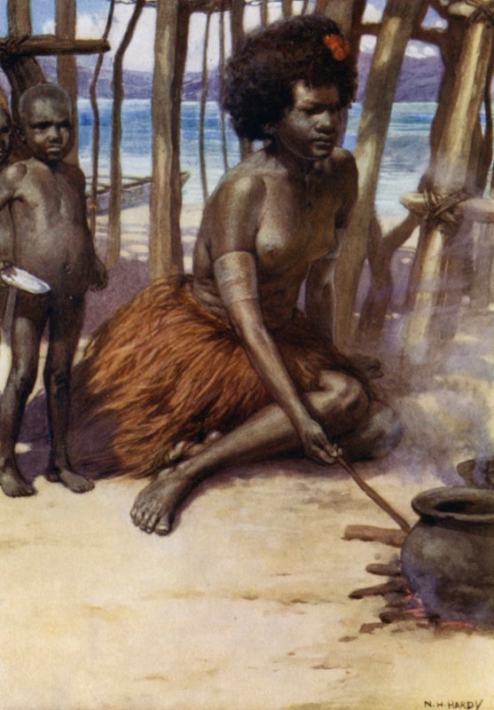 Cooking the Meal, British New Guinea (colour litho) 作者 诺曼·哈迪