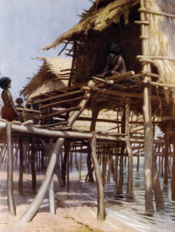 In the Pile Dwellings at Hanuabada, Port Moresby, British New Guinea (colour litho) 作者 诺曼·哈迪