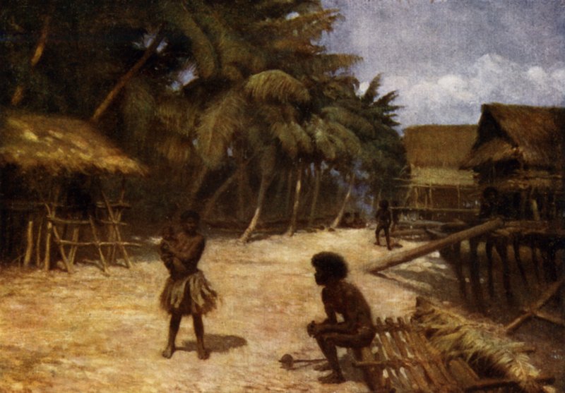 Motu Village, Port Moresby, British New Guinea (colour litho) 作者 诺曼·哈迪
