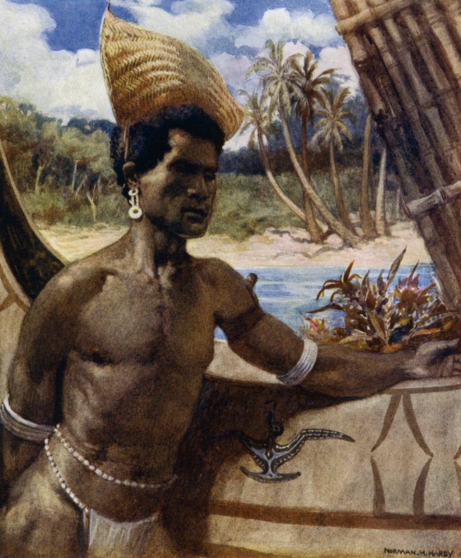 Native of New Georgia wearing Sunshade; a sort of crownless hat made of grasses, it can be worn at any angle (colour litho) 作者 诺曼·哈迪