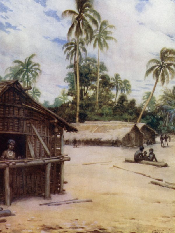 Solomon Island Village, near Marau Sound, New Florida (colour litho) 作者 诺曼·哈迪