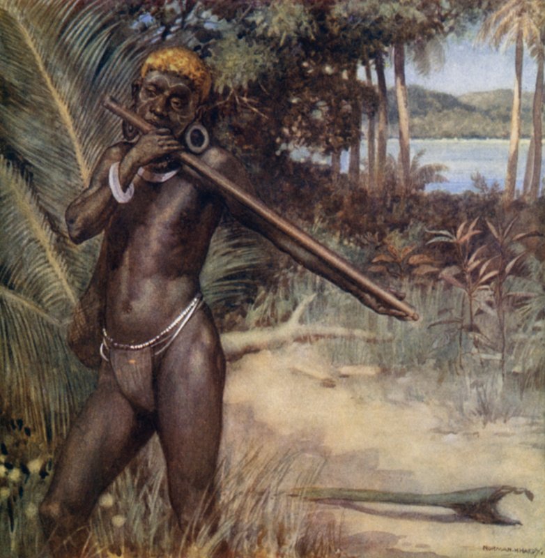 Solomon Islander playing the "Ivivu" or Flute (colour litho) 作者 诺曼·哈迪