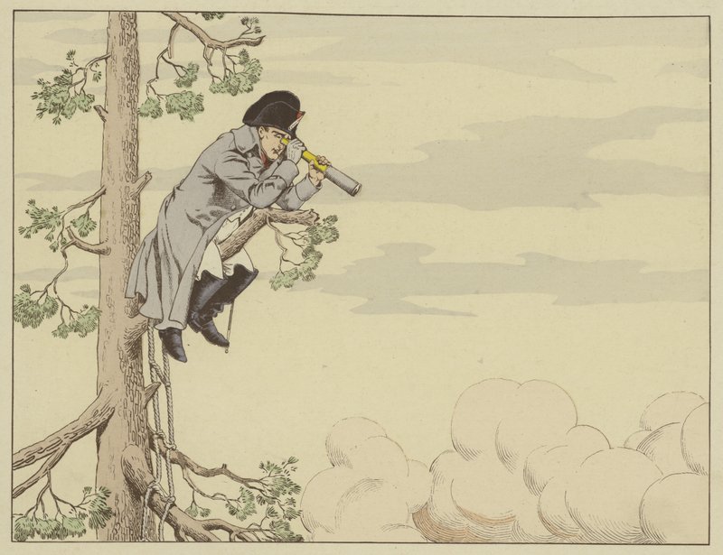 1809年5月22日，拿破仑在Lobau岛的一棵树顶上观看Aspern-Essling战役 作者 Onfray de Breville工作
