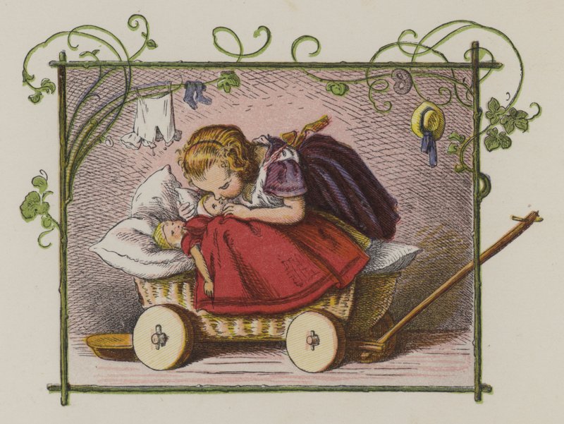 Little girl kissing her dolls goodnight (colour litho) 作者 奥斯卡·普莱奇（Oskar Pletsch）