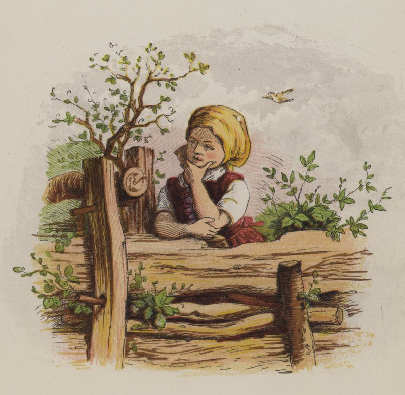 Pensive girl leaning on a fence (colour litho) 作者 奥斯卡·普莱奇（Oskar Pletsch）