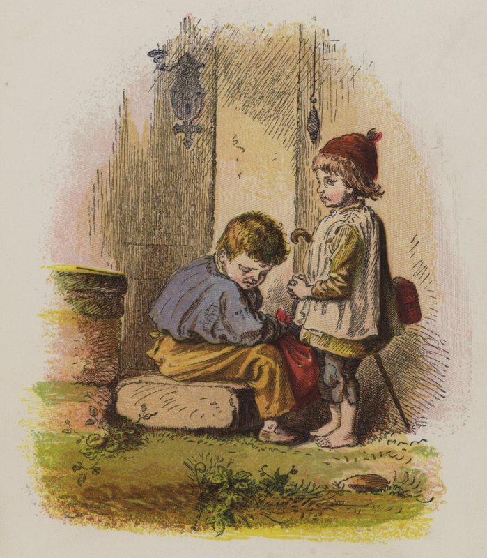 Two boys on a doorstep of a house (colour litho) 作者 奥斯卡·普莱奇（Oskar Pletsch）