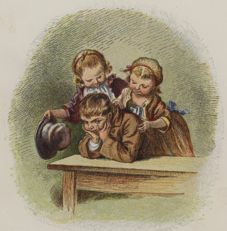 Two little girls trying to cheer up a grumpy boy (colour litho) 作者 奥斯卡·普莱奇（Oskar Pletsch）