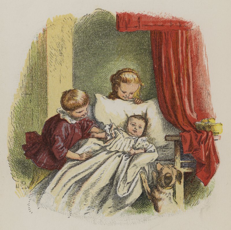 Young boy and girl watching a baby (colour litho) 作者 奥斯卡·普莱奇（Oskar Pletsch）