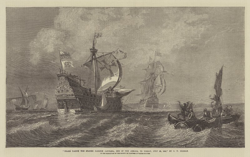 1888年7月22日，Drake将水上画家协会展览中的Armada之一的西班牙大帆船Capitana带到Torbay 作者 奥斯瓦尔德·沃尔特斯·布里埃利