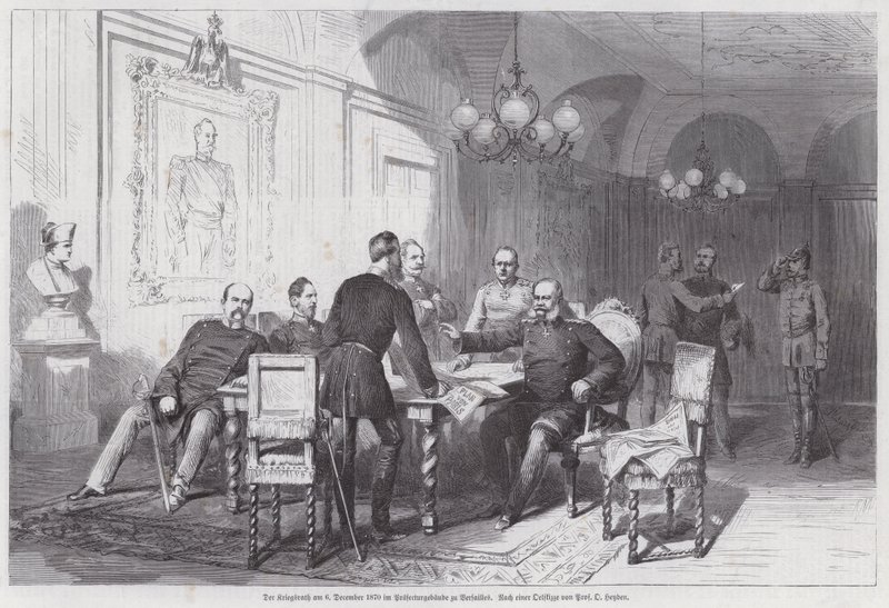 普鲁士军队指挥官在凡尔赛召开的战争会议，普法战争，1870年12月6日（雕刻）。 作者 奥托·约翰·海因里希·海登