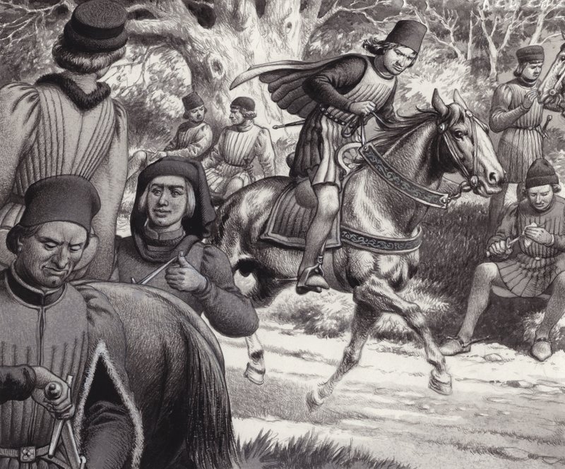 密谋者看着洛伦佐-美第奇骑马经过（纸面水粉画） 作者 帕特（1907-95）尼科尔
