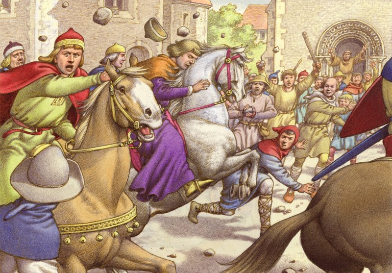 阿基坦的市民向亨利国王的暴行投掷石块（纸面水粉画） 作者 帕特（1907-95）尼科尔