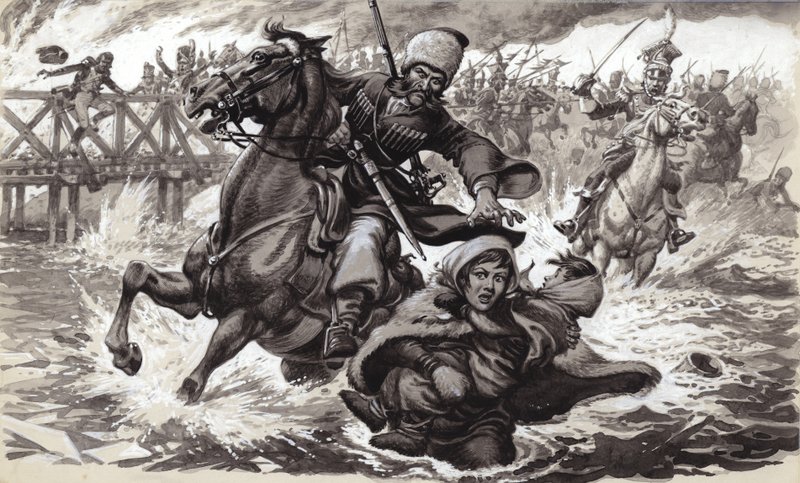 一名哥萨克士兵试图阻止 Aimee Ladoinski 渡过别列津纳河（水粉画，纸本） 作者 帕特 (1907-95) 妮可