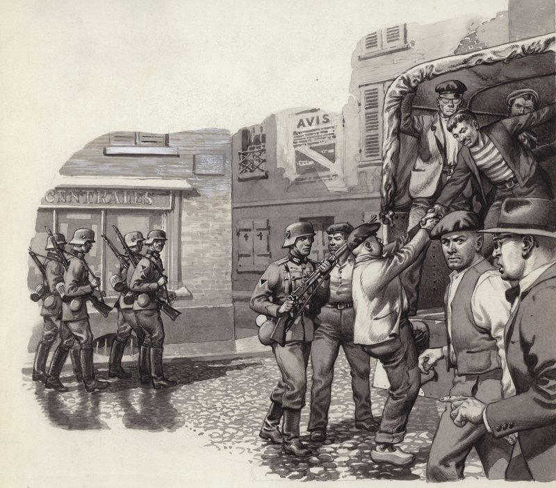 一名德国士兵帮助战俘从一辆卡车上逃跑（水粉画，纸面） 作者 帕特 (1907-95) 妮可