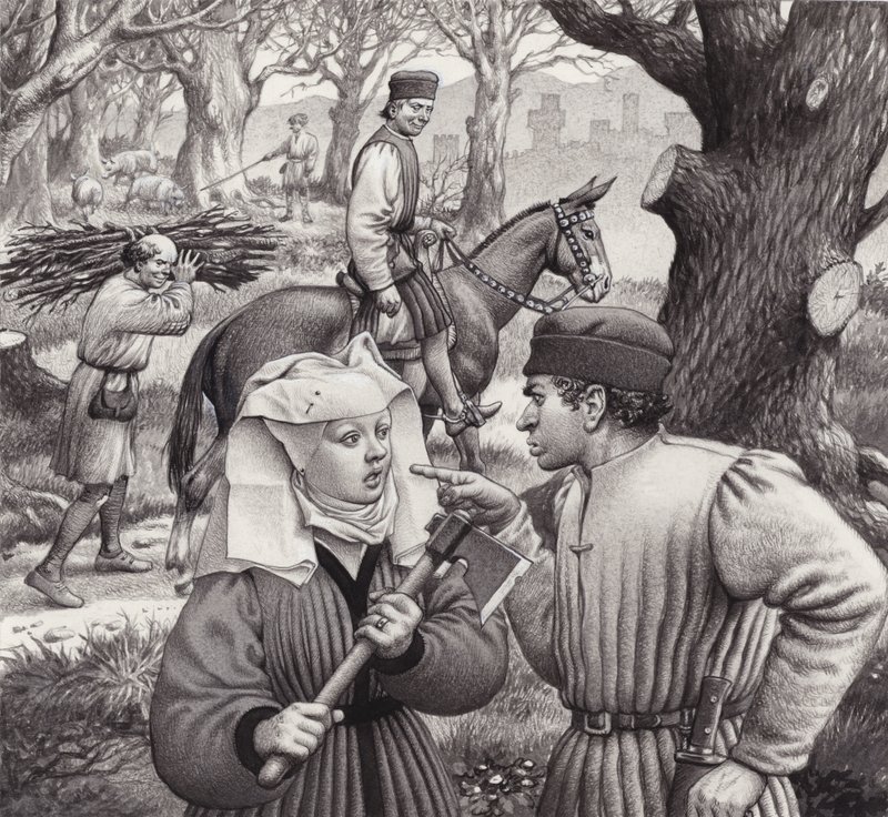一位妇女在砍下树枝时发现自己陷入困境（水粉画，纸本） 作者 帕特 (1907-95) 妮可