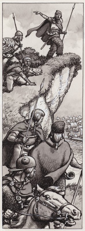 公元前 55 年，古代不列颠人发现凯撒大帝的入侵部队（水粉画，纸本） 作者 帕特 (1907-95) 妮可