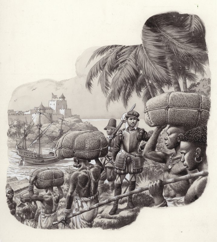 欧洲商人在西非建造的城堡（水粉画，纸本） 作者 帕特 (1907-95) 妮可