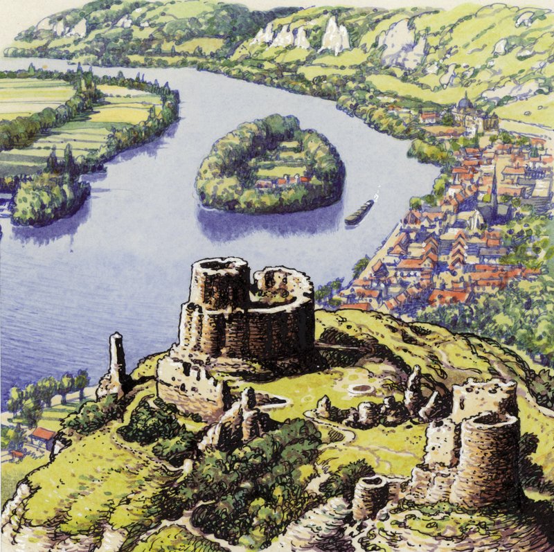 盖拉德城堡，又名岩石新堡（水粉画，纸本） 作者 帕特 (1907-95) 妮可