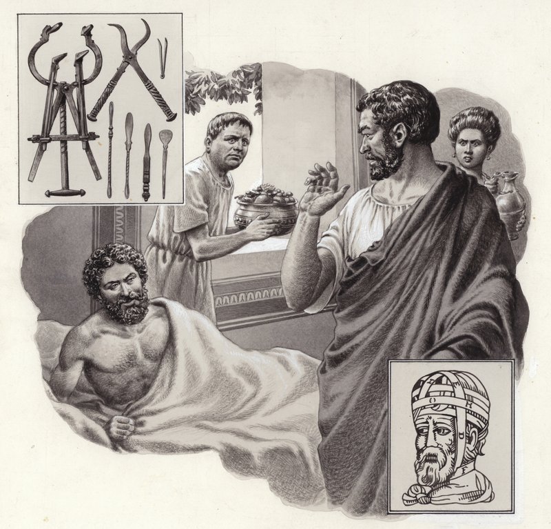 医生盖伦冒着生命危险告诉罗马皇帝他吃得过多（水粉画，纸面） 作者 帕特 (1907-95) 妮可