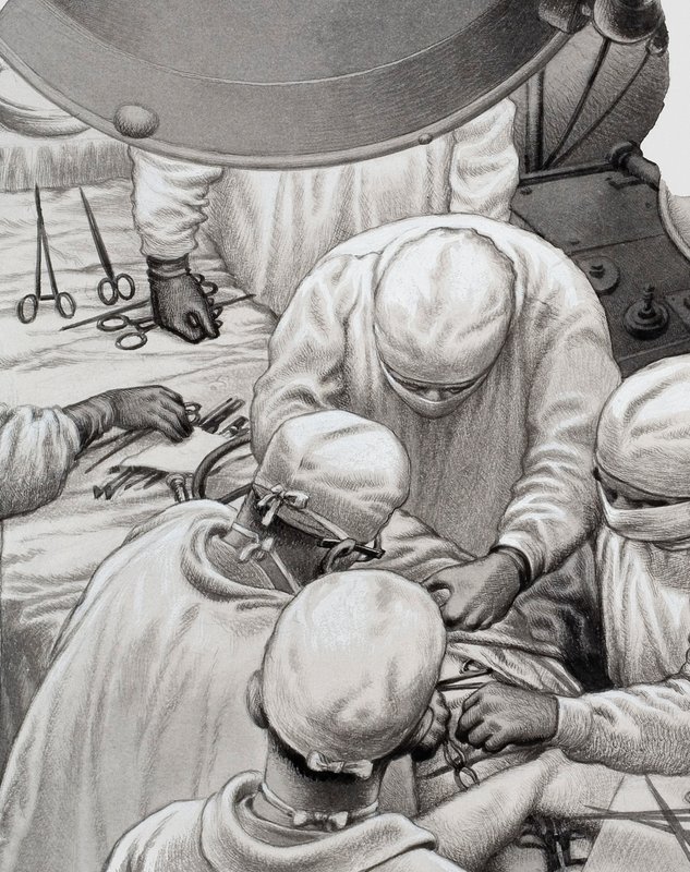 克里斯蒂安-巴纳德教授等人开创的心脏外科手术（水粉画，纸本） 作者 帕特 (1907-95) 妮可
