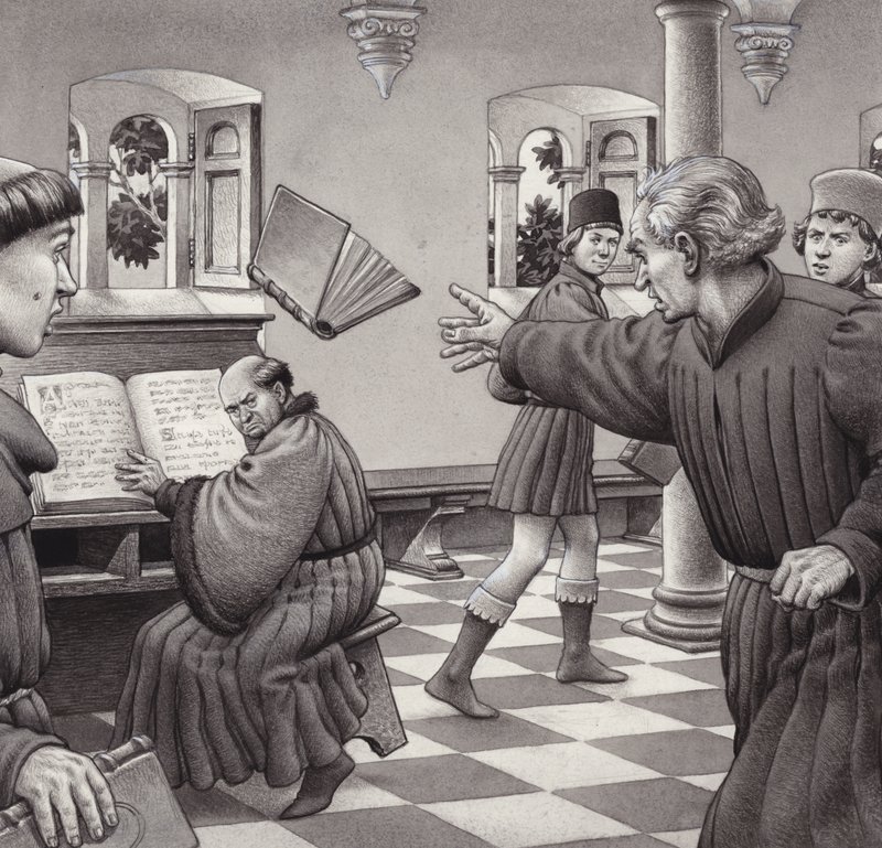 波焦-布拉乔里尼向同行学者托尔泰利扔书（纸面水粉画） 作者 帕特 (1907-95) 妮可