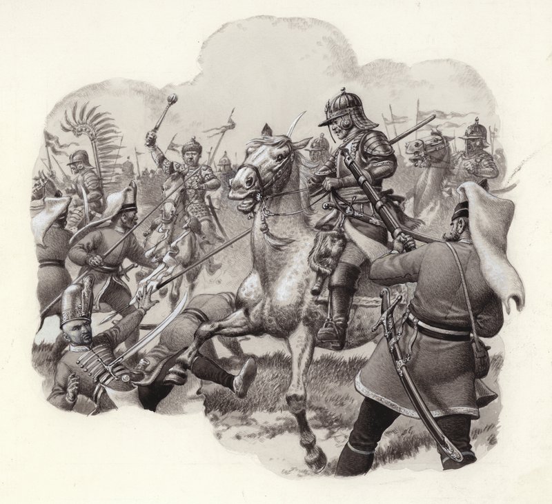 1683 年，波兰骑兵在维也纳与土耳其近卫军团作战（纸面水粉画） 作者 帕特 (1907-95) 妮可