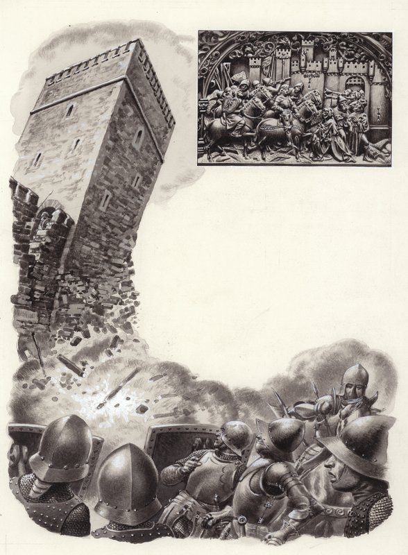 西班牙士兵用火药炸毁防御工事（水粉画，纸本） 作者 帕特 (1907-95) 妮可