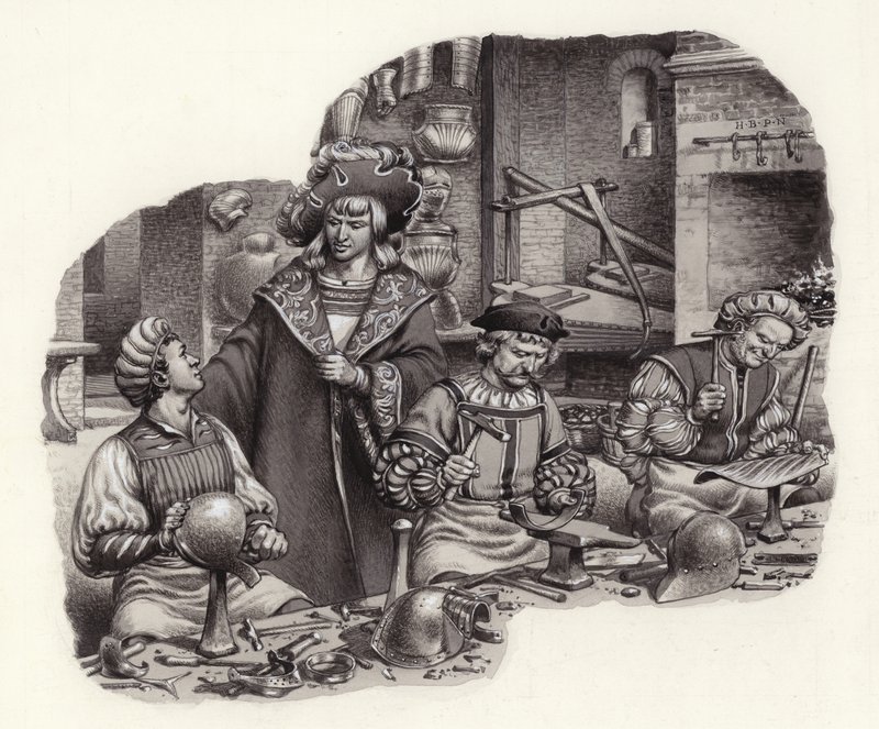 马克西米利安皇帝在他的军械工匠作坊里（纸面水粉画） 作者 帕特 (1907-95) 妮可
