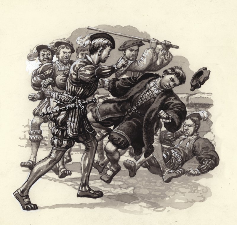 威廉-赫伯特在布里斯托尔袭击一名无辜路人（水粉画，纸本） 作者 帕特 (1907-95) 妮可