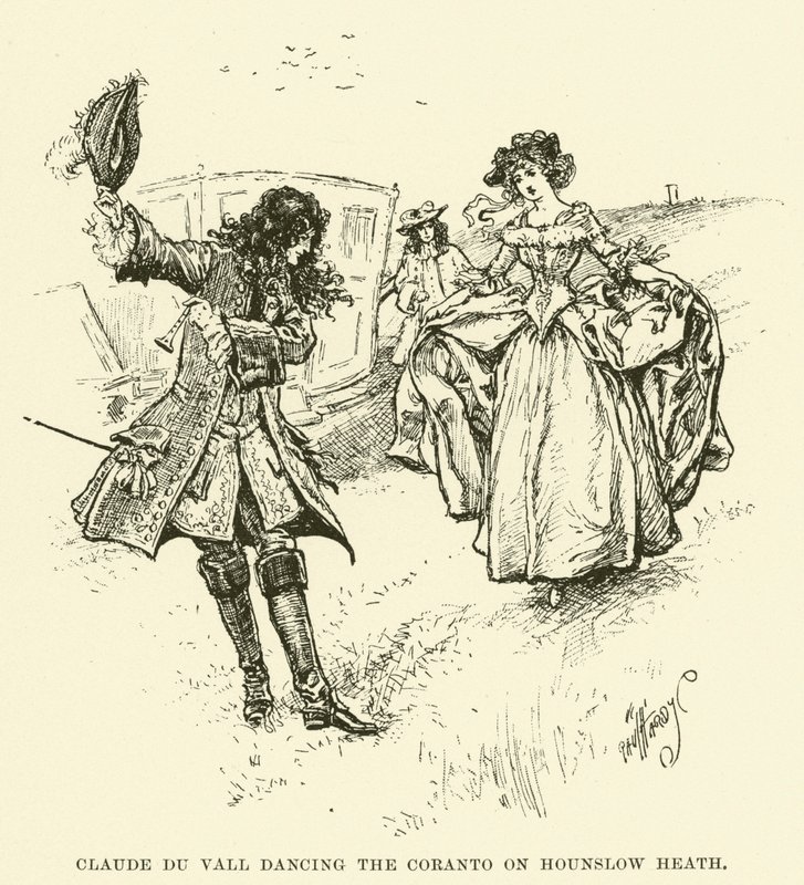 克劳德·杜瓦尔 (Claude du Vall) 在豪恩斯洛荒野 (Hounslow Heath) 上跳舞科兰托 (雕刻) 作者 保罗·哈迪