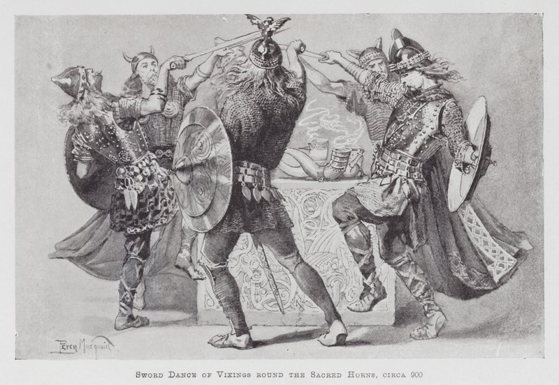 跳舞：维京人围绕圣角的剑舞，大约 900 年（石版画） 作者 珀西·麦考德（Percy Macquoid）
