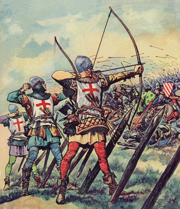 克雷西战役中的英国弓箭手（彩色石版画） 作者 彼得·杰克逊
