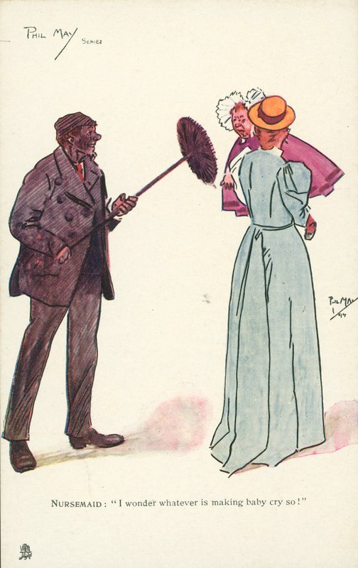 Chimney sweep making a baby cry (colour litho) 作者 菲尔·梅