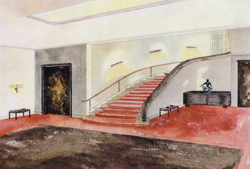 1930 年代室内设计：楼梯（彩色石版画） 作者 菲利普·阿历克修斯·德（之后）拉斯洛