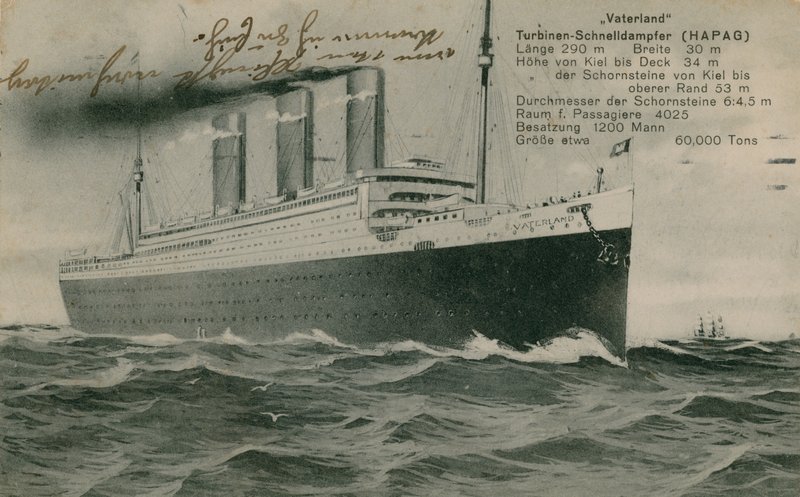 德国班轮，Vaterland。 1913 年寄出的明信片。 作者 德国摄影师
