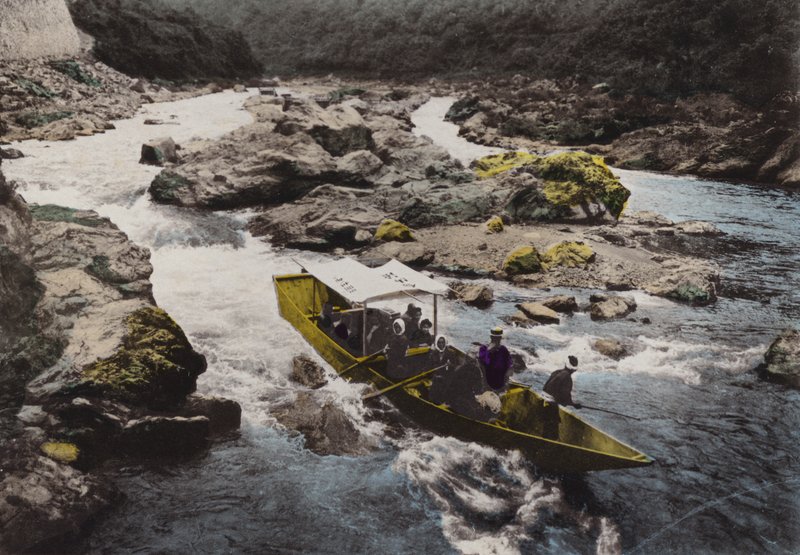 Japan, c.1912: Arashiyama, at the foot of the Hozu rapids, in noted for it
