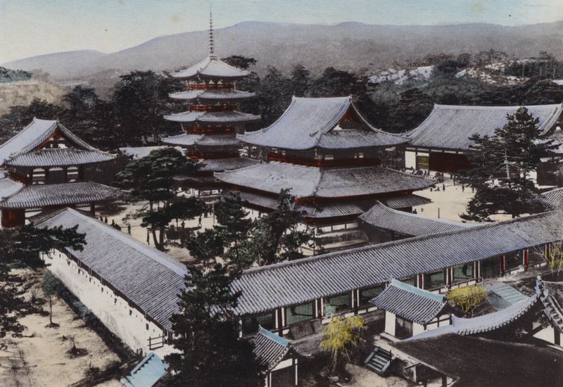 日本，约 1912 年：日本最古老的佛教寺庙法隆寺，建于大约 1300 年前，大和（照片） 作者 摄影师 日本人