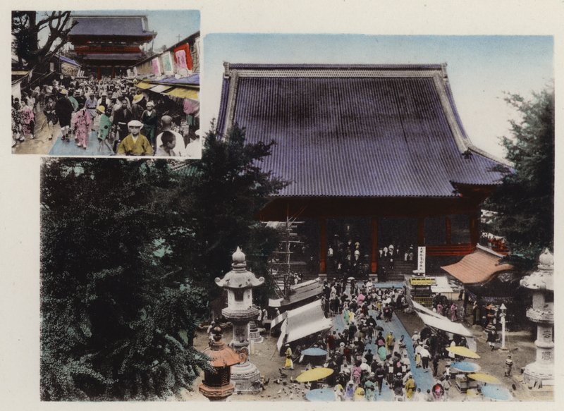 日本，约1912年。东京浅草公园的观音寺和它的地面以及各种表演(照片) 作者 摄影师 日本人
