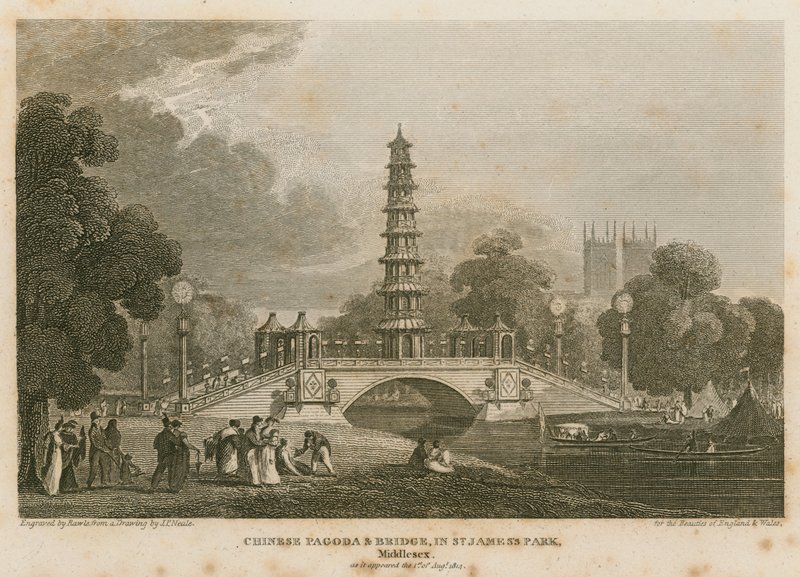 1814年8月1日，圣詹姆斯公园的运河上竖立着中国宝塔和桥梁 作者 彼得·詹斯（Pieter Jansz）。流苏