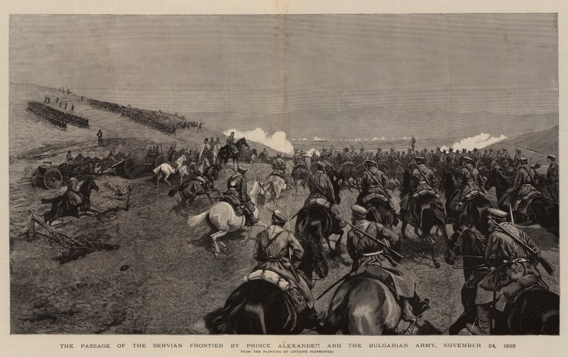 亚历山大亲王和保加利亚军队通过塞尔维亚边境，1885年11月24日（雕版画）。 作者 波兰学校