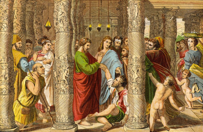 彼得和约翰治愈了无能的人（chromolitho） 作者 拉斐尔（Raffaello Sanzio Raphael）