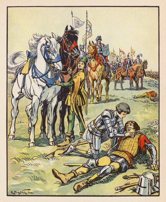 贞德在帕泰战役后照顾一名受伤的英国人（彩色石版画） 作者 雷蒙德·德拉内齐埃