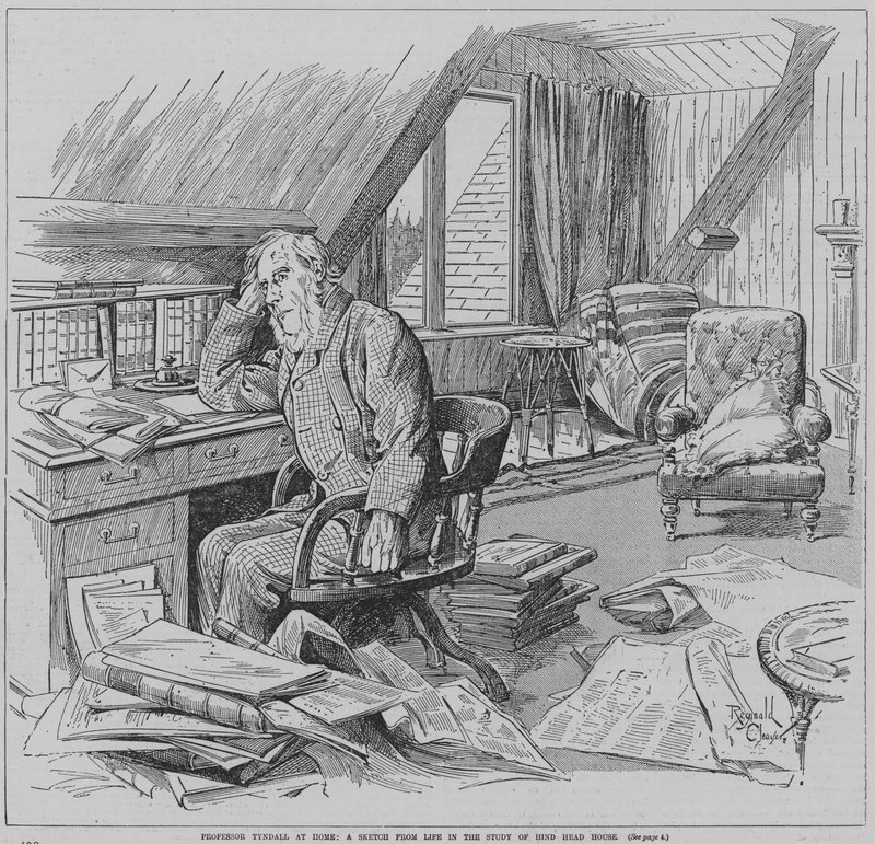 英国物理学家约翰-廷德尔（John Tyndall）在他位于萨里郡哈斯勒米尔的家--欣德黑德宅--的书房（雕刻 作者 雷金纳德·托马斯·克利弗