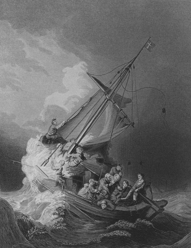 暴风雨中的基督（雕刻）。 作者 伦勃朗·哈门斯（Rembrandt Harmensz）。范·里恩（之后）