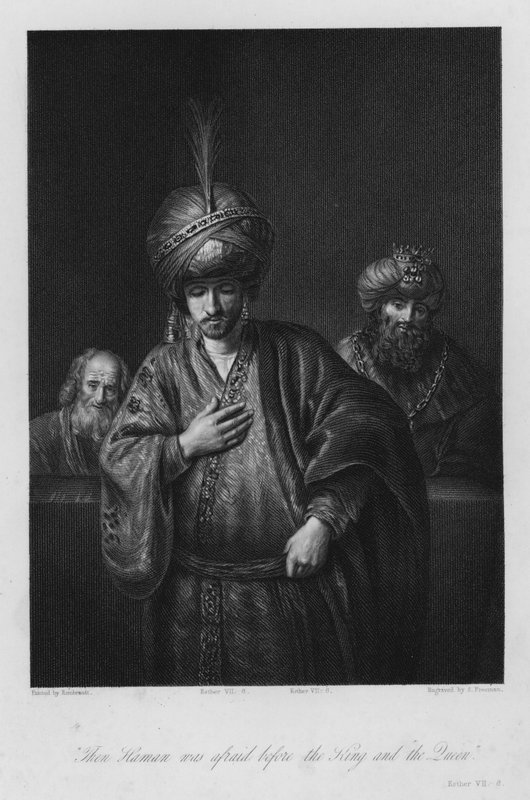 哈曼的谴责，以斯帖记第七章，6（雕刻）。 作者 伦勃朗·哈门斯（Rembrandt Harmensz）。范·里恩（之后）