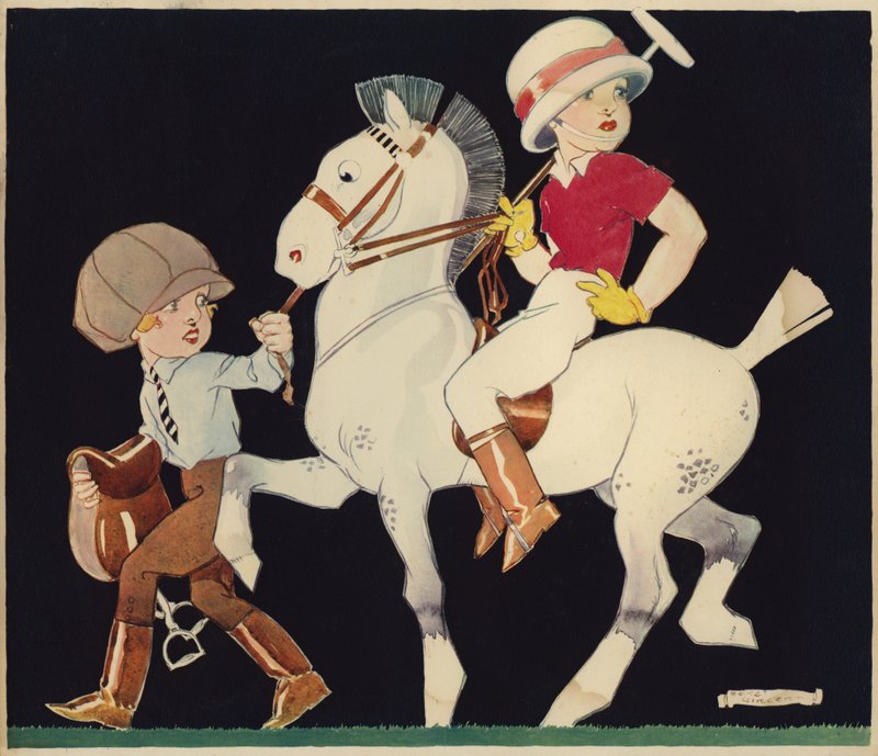 Boy on polo pony, being led by stable girl (colour litho) 作者 雷内·文森特
