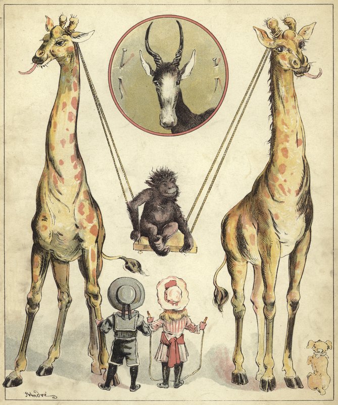 长颈鹿和猴子一起玩（chromolitho） 作者 理查德·安德烈